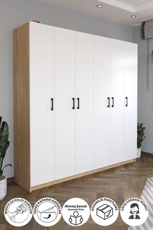 Bofigo 6 Kapaklı 16 Raflı Gardırop Elbise Dolabı 6 Kapaklı Gardırop Smyrna Safir Meşe Beyaz