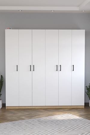 Bofigo 6 Kapaklı 16 Raflı Gardırop Elbise Dolabı 6 Kapaklı Gardırop Smyrna Safir Meşe Beyaz