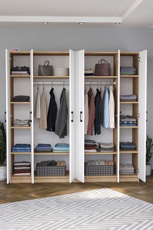 Bofigo 6 Kapaklı 16 Raflı Gardırop Elbise Dolabı 6 Kapaklı Gardırop Smyrna Safir Meşe Beyaz