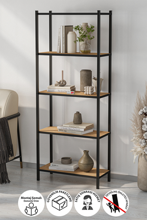 Bofigo 5 Raflı Kitaplık Dekoratif Kitaplık Metal Kitaplık Ofis Kitaplığı Aksesuar Rafı Efes Safir Meşe