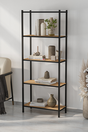 Bofigo 5 Raflı Kitaplık Dekoratif Kitaplık Metal Kitaplık Ofis Kitaplığı Aksesuar Rafı Efes Safir Meşe