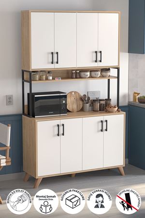 Bofigo 8 Kapaklı Çok Amaçlı Dolap Defne Mutfak Dolabı Erzak Dolabı Kiler Dolabı Safir Meşe Beyaz