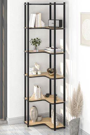 Bofigo 6 Raflı Kitaplık Dekoratif Kitaplık Metal Kitaplık Ofis Kitaplığı Aksesuar Rafı Sardes Safir Meşe