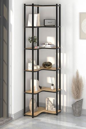 Bofigo 6 Raflı Kitaplık Dekoratif Kitaplık Metal Kitaplık Ofis Kitaplığı Aksesuar Rafı Sardes Safir Meşe
