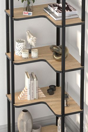 Bofigo 6 Raflı Kitaplık Dekoratif Kitaplık Metal Kitaplık Ofis Kitaplığı Aksesuar Rafı Sardes Safir Meşe