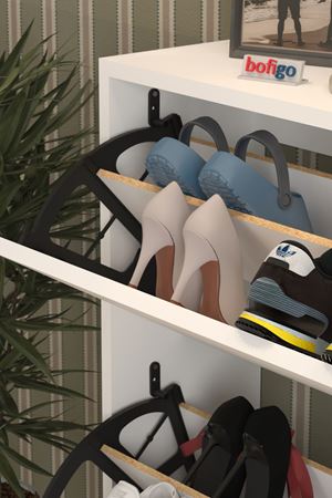 Bofigo Düşer Kapak Ayakkabılık 2 Bölmeli Kayar Raflı Ayakkabılık Duvara Monte Ayakkabılık Peri Beyaz