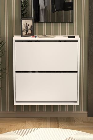 Bofigo Düşer Kapak Ayakkabılık 2 Bölmeli Kayar Raflı Ayakkabılık Duvara Monte Ayakkabılık Peri Beyaz