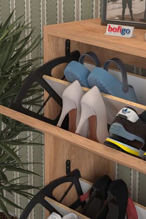 Bofigo Düşer Kapak Ayakkabılık 2 Bölmeli Kayar Raflı Ayakkabılık Duvara Monte Ayakkabılık Peri Çam