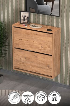 Bofigo Düşer Kapak Ayakkabılık 2 Bölmeli Kayar Raflı Ayakkabılık Duvara Monte Ayakkabılık Peri Çam