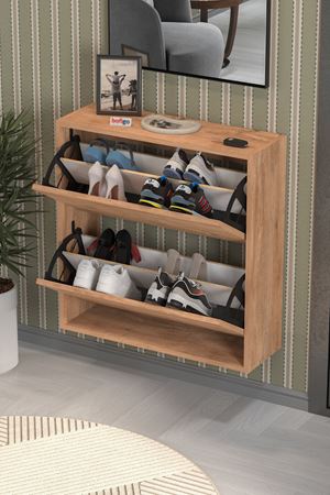Bofigo Düşer Kapak Ayakkabılık 2 Bölmeli Kayar Raflı Ayakkabılık Duvara Monte Ayakkabılık Peri Çam