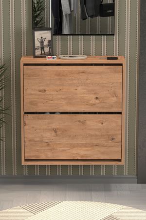 Bofigo Düşer Kapak Ayakkabılık 2 Bölmeli Kayar Raflı Ayakkabılık Duvara Monte Ayakkabılık Peri Çam