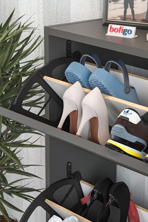 Bofigo Düşer Kapak Ayakkabılık 2 Bölmeli Kayar Raflı Ayakkabılık Duvara Monte Ayakkabılık Peri Antrasit