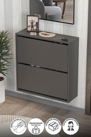 Bofigo Düşer Kapak Ayakkabılık 2 Bölmeli Kayar Raflı Ayakkabılık Duvara Monte Ayakkabılık Peri Antrasit