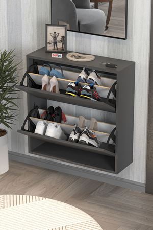 Bofigo Düşer Kapak Ayakkabılık 2 Bölmeli Kayar Raflı Ayakkabılık Duvara Monte Ayakkabılık Peri Antrasit