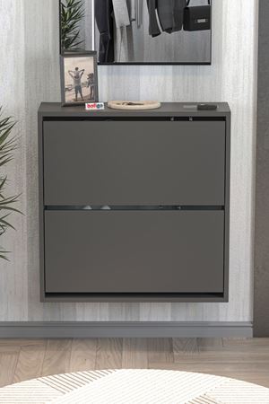 Bofigo Düşer Kapak Ayakkabılık 2 Bölmeli Kayar Raflı Ayakkabılık Duvara Monte Ayakkabılık Peri Antrasit