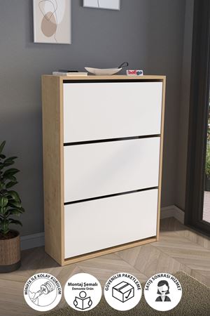 Bofigo Düşer Kapak Ayakkabılık Kayar Raflı Ayakkabılık 3 Bölmeli Ayakkabılık Melek Safir Meşe Beyaz