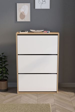 Bofigo Düşer Kapak Ayakkabılık Kayar Raflı Ayakkabılık 3 Bölmeli Ayakkabılık Melek Safir Meşe Beyaz