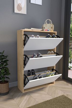 Bofigo Düşer Kapak Ayakkabılık Kayar Raflı Ayakkabılık 3 Bölmeli Ayakkabılık Melek Safir Meşe Beyaz