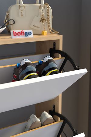 Bofigo Düşer Kapak Ayakkabılık Kayar Raflı Ayakkabılık 3 Bölmeli Ayakkabılık Melek Safir Meşe Beyaz