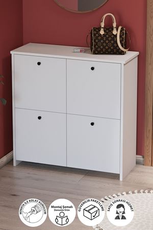 Bofigo 4 Kapaklı Ayakkabılık 4 Bölmeli Ayakkabılık Çok Amaçlı Dolap Tetra Beyaz