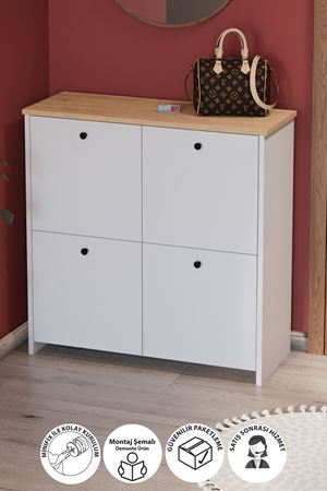 Bofigo 4 Kapaklı Ayakkabılık 4 Bölmeli Ayakkabılık Çok Amaçlı Dolap Tetra Safir Meşe Beyaz