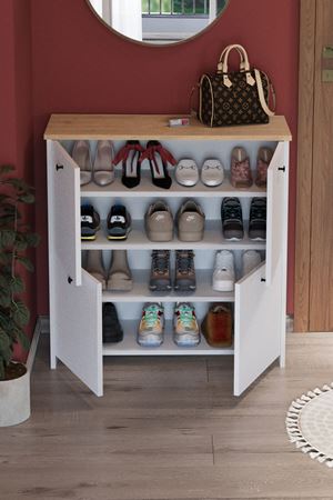 Bofigo 4 Kapaklı Ayakkabılık 4 Bölmeli Ayakkabılık Çok Amaçlı Dolap Tetra Safir Meşe Beyaz