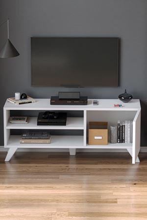 TV Sehpası Kapaklı Tv Sehpası Raflı TV Ünitesi Televizyon Sehpası 100 x 35 Cm Malta Beyaz