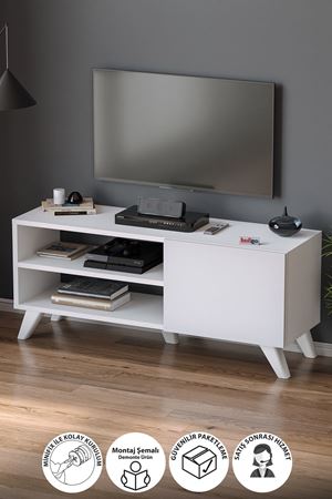 TV Sehpası Kapaklı Tv Sehpası Raflı TV Ünitesi Televizyon Sehpası 100 x 35 Cm Malta Beyaz