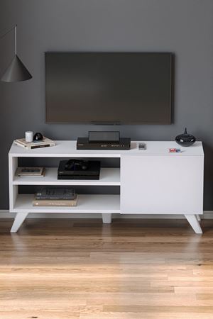 TV Sehpası Kapaklı Tv Sehpası Raflı TV Ünitesi Televizyon Sehpası 100 x 35 Cm Malta Beyaz
