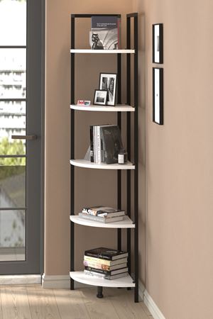 Bofigo 5 Raflı Metal Köşe Kitaplık Rafı Dekoratif Aksesuar Rafı Noyan Beyaz 