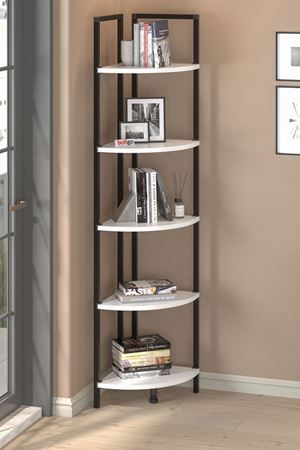 Bofigo 5 Raflı Metal Köşe Kitaplık Rafı Dekoratif Aksesuar Rafı Noyan Beyaz 