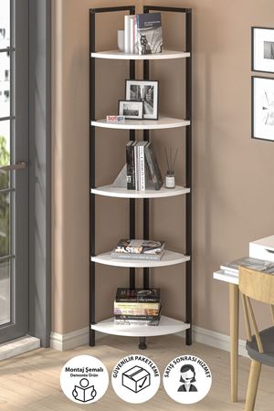 Bofigo 5 Raflı Metal Köşe Kitaplık Rafı Dekoratif Aksesuar Rafı Noyan Beyaz 