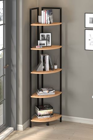 Bofigo 5 Raflı Metal Köşe Kitaplık Rafı Dekoratif Aksesuar Rafı Noyan Çam