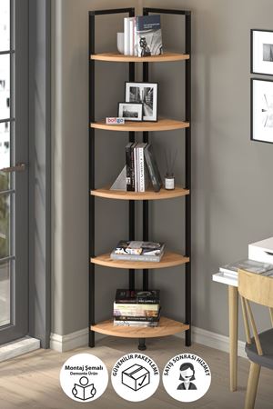 Bofigo 5 Raflı Metal Köşe Kitaplık Rafı Dekoratif Aksesuar Rafı Noyan Çam