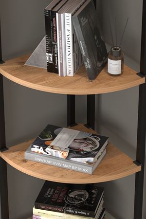 Bofigo 5 Raflı Metal Köşe Kitaplık Rafı Dekoratif Aksesuar Rafı Noyan Çam