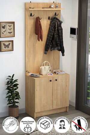 Bofigo 2 Kapaklı Portmanto Elbise Askılığı Vestiyer Ayakkabılık Askılık Güneş Safir Meşe