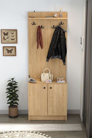 Bofigo 2 Kapaklı Portmanto Elbise Askılığı Vestiyer Ayakkabılık Askılık Güneş Safir Meşe