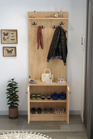 Bofigo 2 Kapaklı Portmanto Elbise Askılığı Vestiyer Ayakkabılık Askılık Güneş Safir Meşe