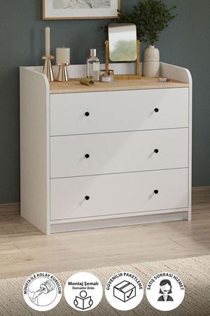 3 Çekmeceli Şifonyer 6 Bölmeli Şifonyer Dolap Yatak Odası Dolabı Begüm Safir Meşe Beyaz