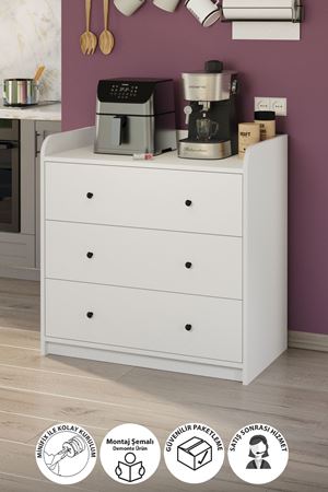 3 Çekmeceli Dolap 6 Bölmeli Çok Amaçlı Dolap Mutfak Dolabı Kahve Köşesi Begüm Beyaz