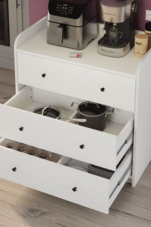 3 Çekmeceli Dolap 6 Bölmeli Çok Amaçlı Dolap Mutfak Dolabı Kahve Köşesi Begüm Beyaz