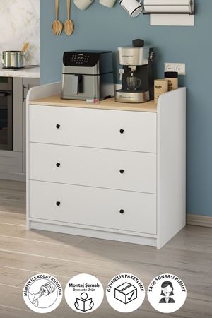 3 Çekmeceli Dolap 6 Bölmeli Çok Amaçlı Dolap Mutfak Dolabı Kahve Köşesi Begüm Safir Meşe Beyaz