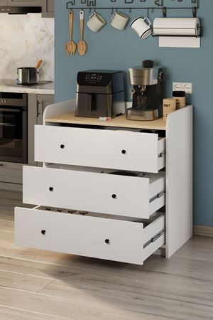 3 Çekmeceli Dolap 6 Bölmeli Çok Amaçlı Dolap Mutfak Dolabı Kahve Köşesi Begüm Safir Meşe Beyaz