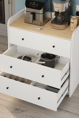 3 Çekmeceli Dolap 6 Bölmeli Çok Amaçlı Dolap Mutfak Dolabı Kahve Köşesi Begüm Safir Meşe Beyaz