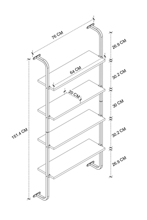 15-44-02 Wall Mounted 4 Shelves Metal Bookshelf PINE