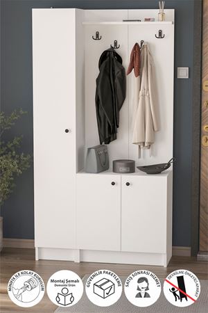 Bofigo 3 Kapaklı Portmanto Elbise Askılığı 7 Bölmeli Vestiyer Ayakkabılık Güneş Buketi Beyaz