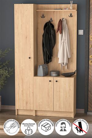 Bofigo 3 Kapaklı Portmanto Elbise Askılığı 7 Bölmeli Vestiyer Ayakkabılık Güneş Buketi Safir Meşe