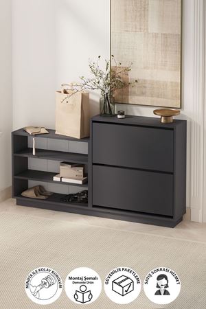 Bofigo Düşer Kapak Ayakkabılık 2 Kapaklı 5 Bölmeli Kayar Raflı Ayakkabılık Serap Antrasit