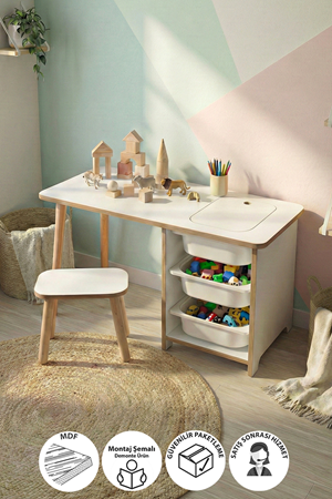 Bofigo Çocuk Çalışma Masası Oyun Masası Etkinlik Masası Aktivite Masası Seti 1 Masa + 1 Tabure Beyaz