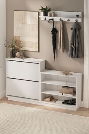 Bofigo Ayakkabılık ve Portmanto Askılık Seti Düşer Kapak Ayakkabılık Elbise Askılığı Serap & Vega Beyaz